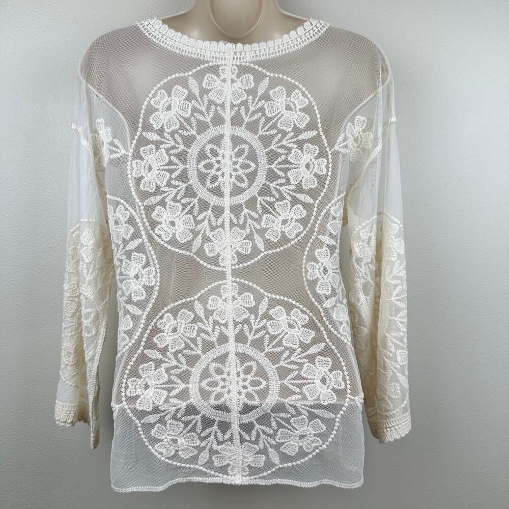 Embroidered Sheer Mesh Lace Open Cardigan Floral Cream M Cottagecore Festival - Picture 7 of 10